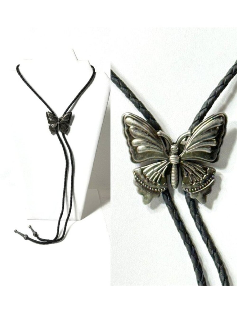 Pewter-tone butterfly, black cord western cowboy bolo tie